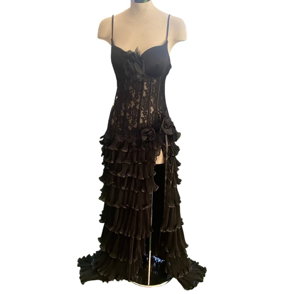 Celo Black Lace Corset Couture Gown Tiered Ruffle Train Floral Applique